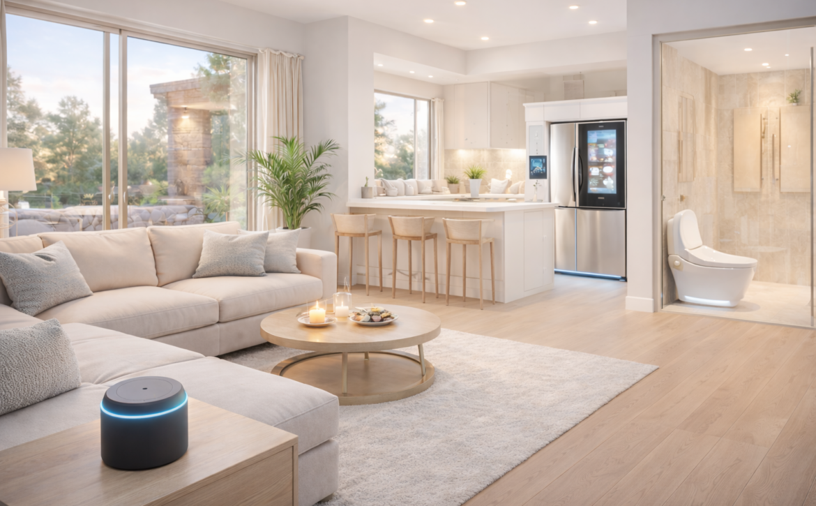Modern living room with smart home technology, featuring a smart speaker, stylish furniture, and a view into a bathroom with a high-tech toilet, emphasizing smart home upgrades and design.