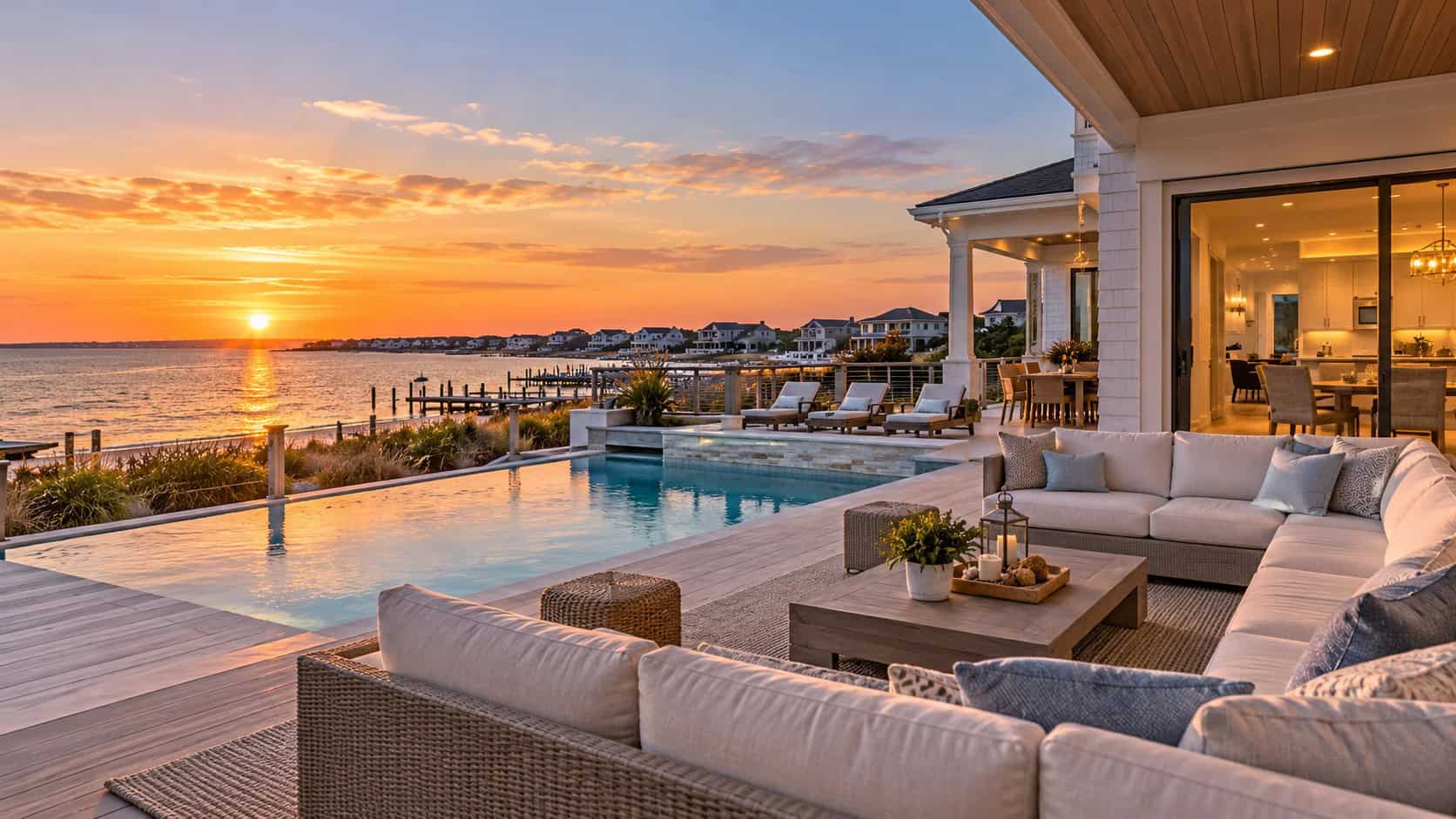 Luxury Long Beach Island beach house living room with whole-home audio, motorized shades, and sunset ocean views